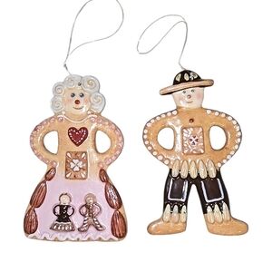 Villeroy & Boch Ceramic Gingerbread Couple Holiday Ornaments - Brown and Pink